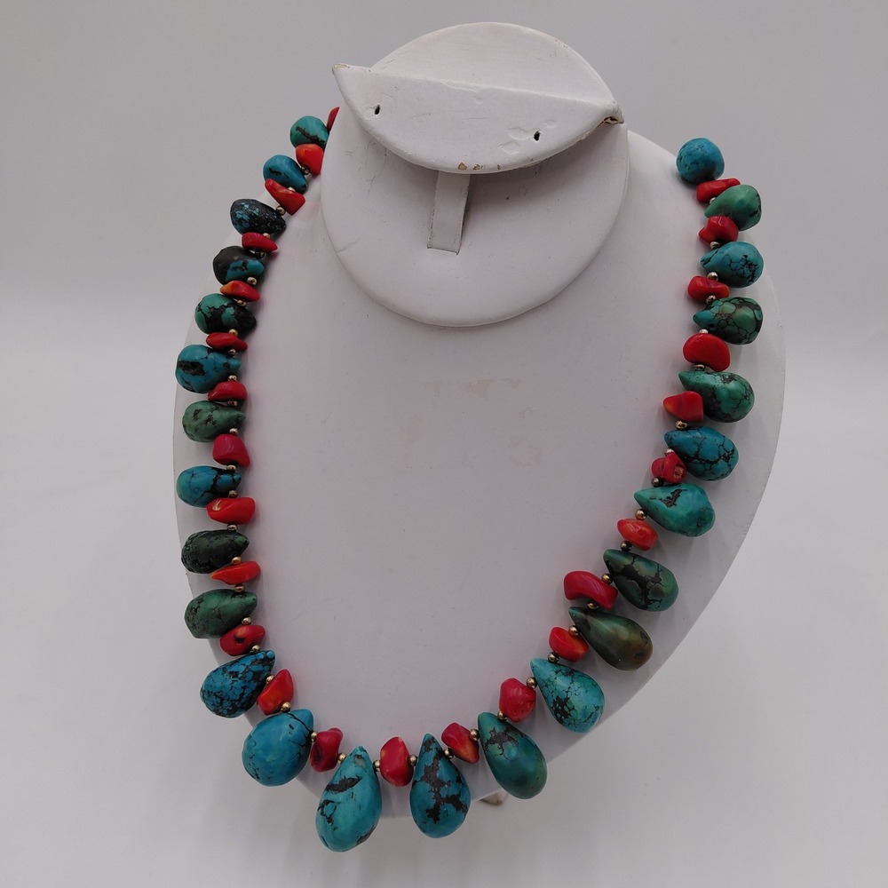 Handmade Turquoise Teardrop and Red Coral Style Beaded Necklace  Local Artist